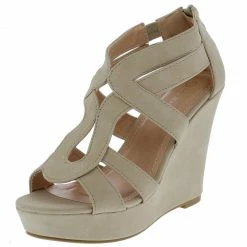 TOP GUY Lindy3 Beige Cut Out Open Toe Platform Wedge Shoes