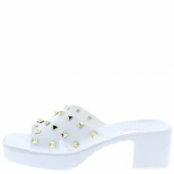 Forever Link List95 White Studded Cross Strap Open Toe Chunky Mule Heel