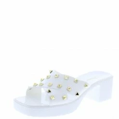 Forever Link List95 White Studded Cross Strap Open Toe Chunky Mule Heel