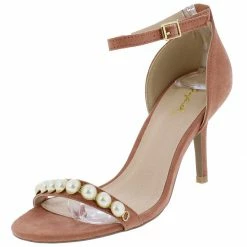 QUPID Lita63 Dusty Blush Suede Pu Pearl Stud Open Toe Short Heel