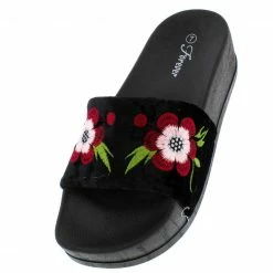Forever Link Lucky26 Black Velvet Flower Embroidered Slide Flat Sandal Shoes