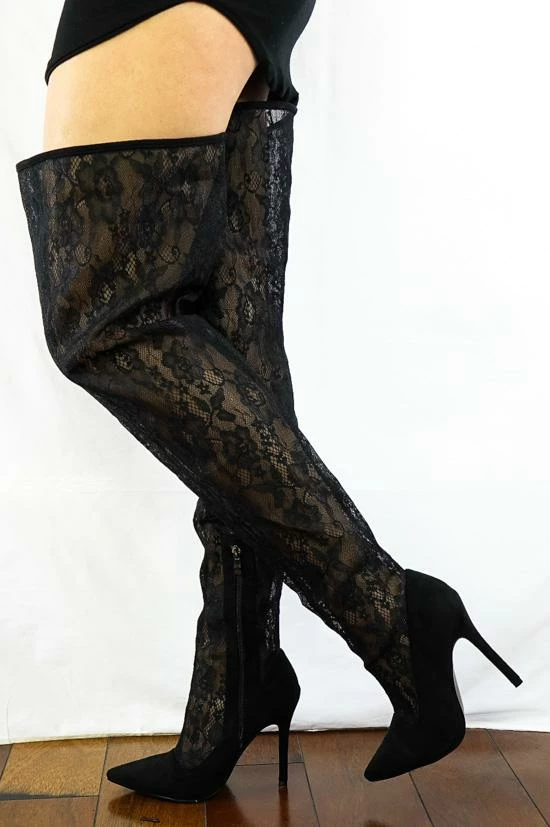 ATHENA Boots M487 Black Lace Shaft Thigh High Pointed Toe Boot 7 ATHENA Boots M487 Black Lace Shaft Thigh High Pointed Toe Boot
