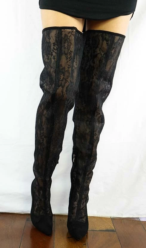 ATHENA Boots M487 Black Lace Shaft Thigh High Pointed Toe Boot 4 ATHENA Boots M487 Black Lace Shaft Thigh High Pointed Toe Boot