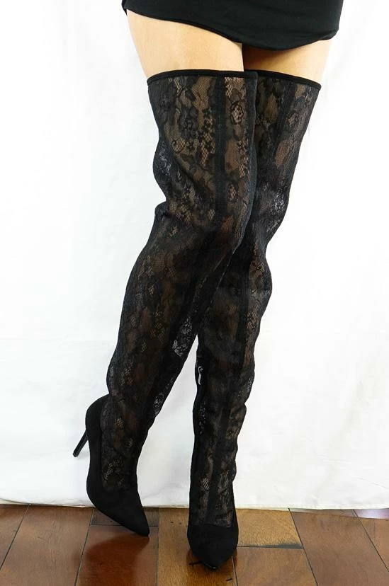 ATHENA Boots M487 Black Lace Shaft Thigh High Pointed Toe Boot 6 ATHENA Boots M487 Black Lace Shaft Thigh High Pointed Toe Boot