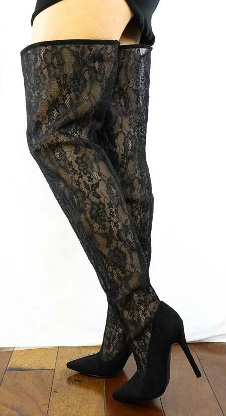 ATHENA Boots M487 Black Lace Shaft Thigh High Pointed Toe Boot 3 ATHENA Boots M487 Black Lace Shaft Thigh High Pointed Toe Boot