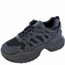 Liliana Siona11 Black Lace Up Chunky Sneaker Flat