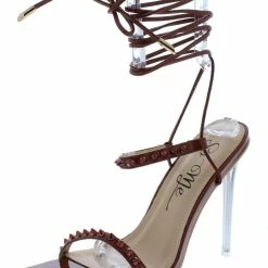 MACHI Metilda Brown Patent Patent Spike Stud Open Toe Ankle Wrap Lucite Heel What's New