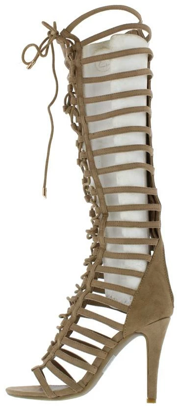 AMERICAN METTLE Boots Mangosteen3 Beige Suede Gladiator Knee High Lace Upboot 3 AMERICAN METTLE Boots Mangosteen3 Beige Suede Gladiator Knee High Lace Upboot