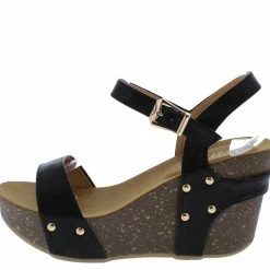 WESTWOOD Mara09 Black Open Toe Slingback Ankle Strap Studded Wedge Shoes