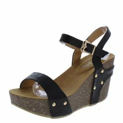 WESTWOOD Mara09 Black Open Toe Slingback Ankle Strap Studded Wedge Shoes