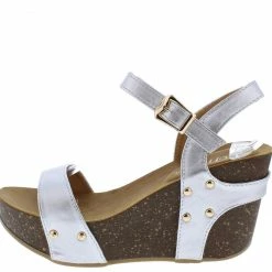 WESTWOOD Mara09 Silver Open Toe Slingback Ankle Strap Studded Wedge