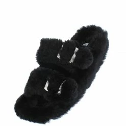CAPE ROBBIN Marie Black Faux Fur Open Toe Dual Strap Flat Slide Sandal