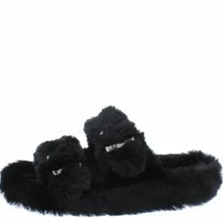 CAPE ROBBIN Marie Black Faux Fur Open Toe Dual Strap Flat Slide Sandal