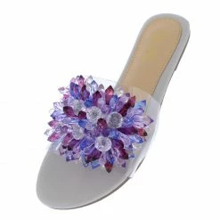 Liliana Dia120 Grey Bead Embellished Open Toe Mule Slide Sandal