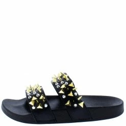 Liliana Shoes Diane077 Black Studded Dual Strap Open Toe Flat Sandal