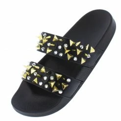 Liliana Shoes Diane077 Black Studded Dual Strap Open Toe Flat Sandal