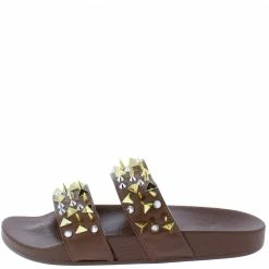 Liliana Shoes Diane077 Brown Studded Dual Strap Open Toe Flat Sandal