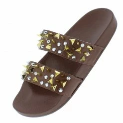 Liliana Shoes Diane077 Brown Studded Dual Strap Open Toe Flat Sandal