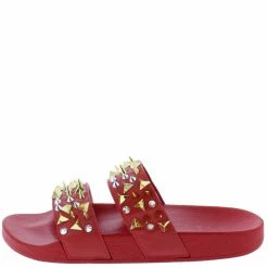 Liliana Diane077 Red Studded Dual Strap Open Toe Flat Sandal