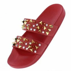 Liliana Diane077 Red Studded Dual Strap Open Toe Flat Sandal
