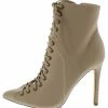 OIL J What's New Media Taupe Pointed Toe Lace Up Stiletto Ankle Boot