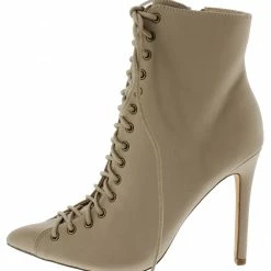 OIL J What's New Media Taupe Pointed Toe Lace Up Stiletto Ankle Boot