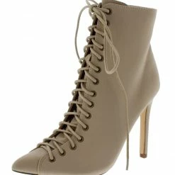 OIL J What's New Media Taupe Pointed Toe Lace Up Stiletto Ankle Boot