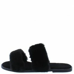 Liliana Cloud121 Black Faux Fur Open Toe Dual Strap Slide Sandal Shoes