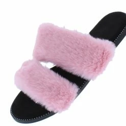 Liliana What's New Cloud121 Pink Faux Fur Open Toe Dual Strap Slide Sandal