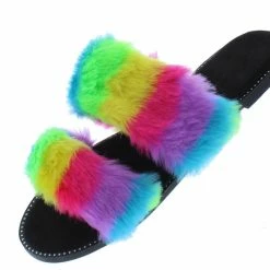 Liliana Cloud121 Rainbow 2 Faux Fur Open Toe Dual Strap Slide Sandal