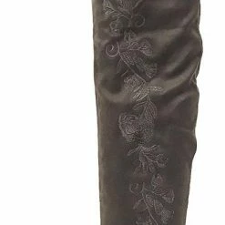 Fortune News Charcoal Faux Suede Floral Side Stitch Thigh High Boot