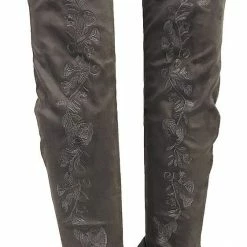 Fortune News Charcoal Faux Suede Floral Side Stitch Thigh High Boot