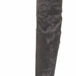 Fortune News Charcoal Faux Suede Floral Side Stitch Thigh High Boot