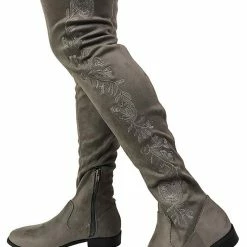 Fortune News Charcoal Faux Suede Floral Side Stitch Thigh High Boot
