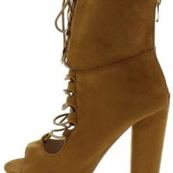 AMERICAN METTLE Pear3 Camel Peep Toe Lace Up Extended Ankle Boot