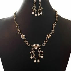 WONA TRADING Pearl Multi Gold Leaf Crystal Necklace And Earring Set