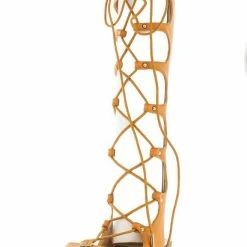 In Touch Stefania Tan Pu Lace Up Gladiator Distressed Wedge Boot