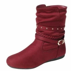 Forever Link Rachel18 Burgundy Studded Strap Buckle Pull On Boot Boots