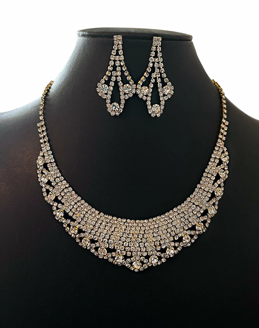 WONA TRADING Accessories Rhinestone Bib Gold Necklace And Earring Set 3 WONA TRADING Accessories Rhinestone Bib Gold Necklace And Earring Set