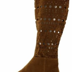 Yoki Boots Rotana Rust Suede Geometric Laser Cut Knee High Boot