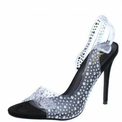 OIL J Royalty Black Pu Jeweled Clear Lucite Slingback Stiletto Heel What's New