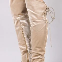 ATHENA Steve Beige Velvet Lace Up Chunky Heel Boot Boots