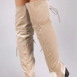 ATHENA Steve Beige Velvet Lace Up Chunky Heel Boot Boots