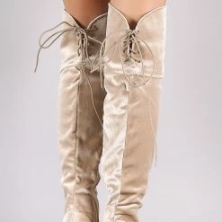 ATHENA Steve Beige Velvet Lace Up Chunky Heel Boot Boots