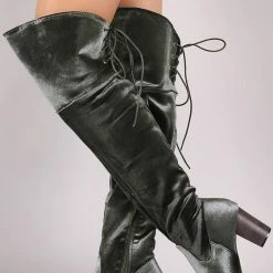 ATHENA Steve Grey Velvet Lace Up Chunky Heel Boot Boots