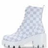 CAPE ROBBIN Suree Light Blue Checkered Lace Up Lug Sole Boot