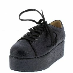 Liliana Makayla072 Black Glitter Lace Up Platform Flat