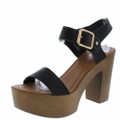WESTWOOD What's New Susie01 Black Open Toe Ankle Strap Wood Platform Heel