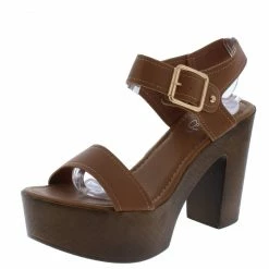 WESTWOOD Susie01 Tan Open Toe Ankle Strap Wood Platform Heel