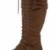 QUPID Boots Timberly65 Cognac Multi Buckle Lace Up Knee High Boot